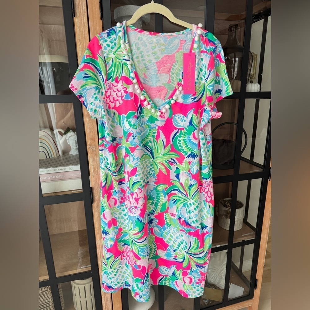 Lilly Pulitzer Etta VNeck Dress aline short sleeve colorful Raise The Bar pompom